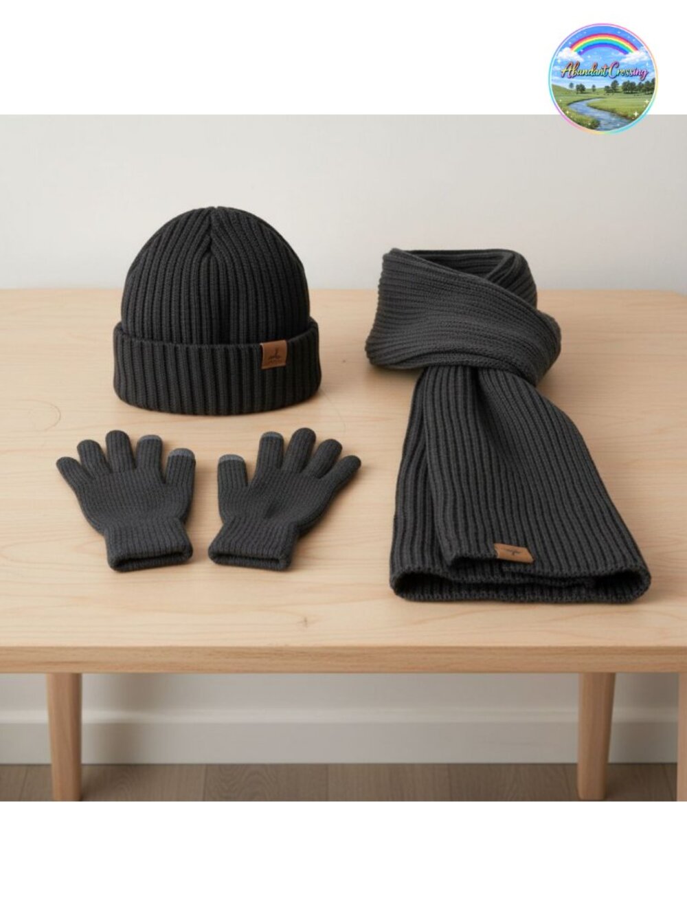 3-in-1 Knitted Ribbed Beanie Scarf Touchscreen Gloves Set Winter Warm